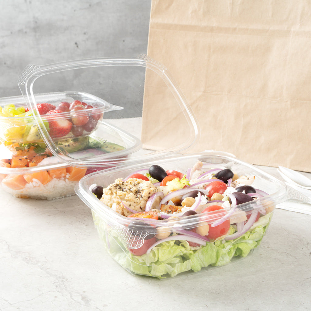 Thermo Tek 32 oz Rectangle Clear Plastic Deli / Snack Container - with Hinged Lid, Anti-Fog - 7 1/2" x 6 1/4" x 2 3/4" - 100 count box