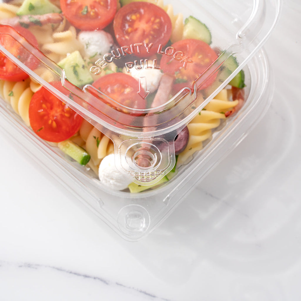 Tamper Tek 8 oz Rectangle Clear Plastic Container - with Hinged Lid, Tamper-Evident - 4 3/4" x 6" x 1 1/4" - 100 count box