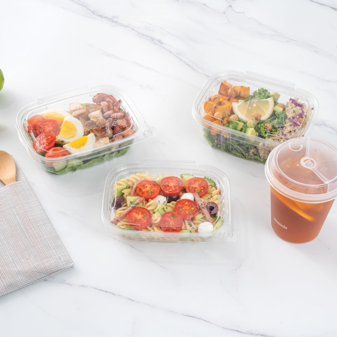 Tamper Tek 12 oz Rectangle Clear Plastic Container - with Hinged Lid, Tamper-Evident - 4 3/4" x 6" x 1 1/2" - 100 count box