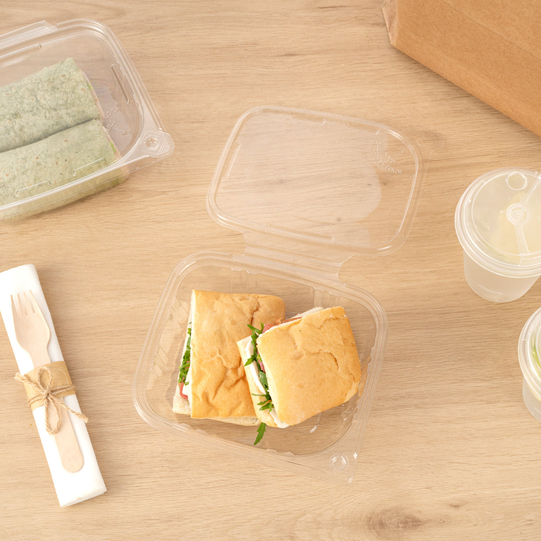 Tamper Tek 24 oz Rectangle Clear Plastic Container - with Hinged Lid, Tamper-Evident - 6 1/2" x 4 1/2" x 2" - 100 count box