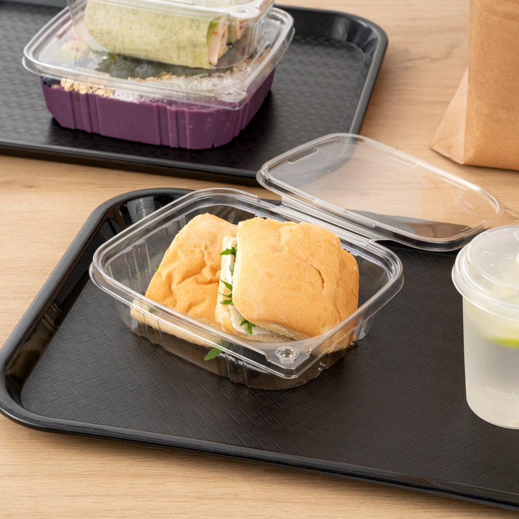 Tamper Tek 24 oz Rectangle Clear Plastic Container - with Hinged Lid, Tamper-Evident - 6 1/2" x 4 1/2" x 2" - 100 count box