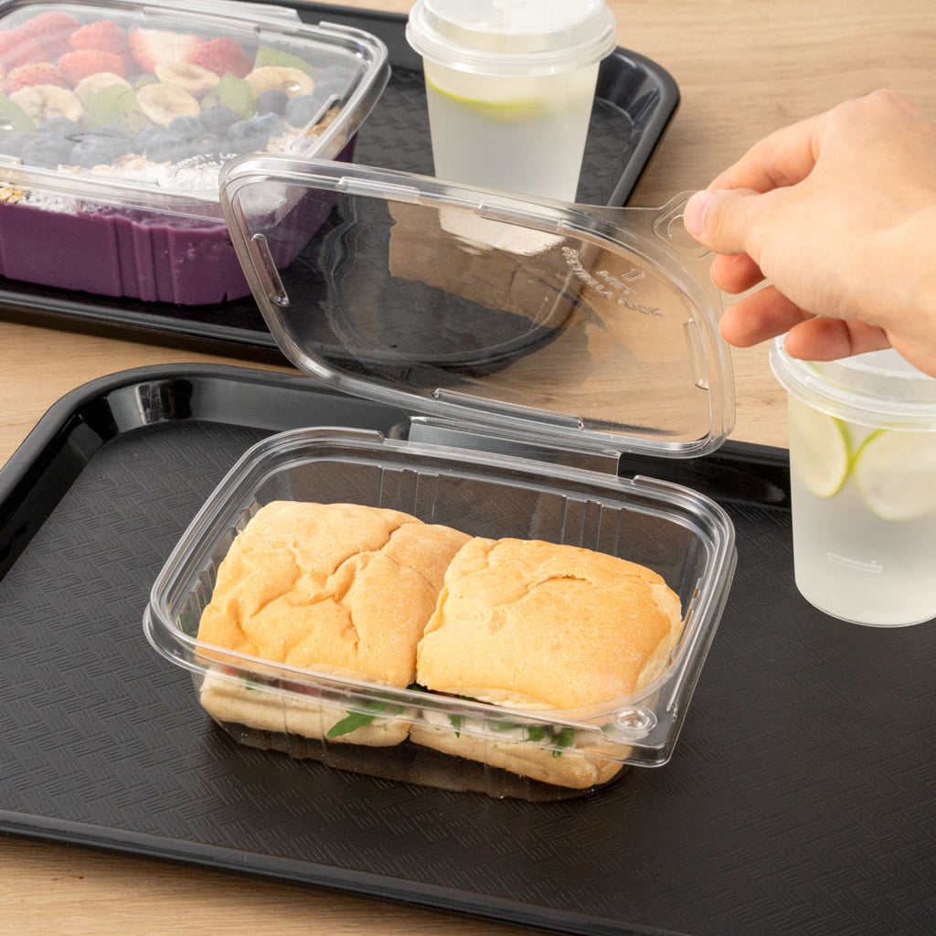 Tamper Tek 24 oz Rectangle Clear Plastic Container - with Hinged Lid, Tamper-Evident - 6 1/2" x 4 1/2" x 2" - 100 count box