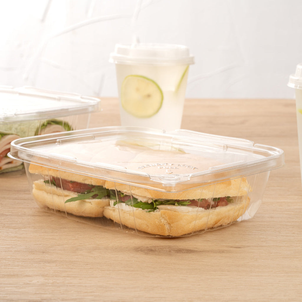 Tamper Tek 24 oz Rectangle Clear Plastic Container - with Hinged Lid, Tamper-Evident - 6 1/2" x 4 1/2" x 2" - 100 count box