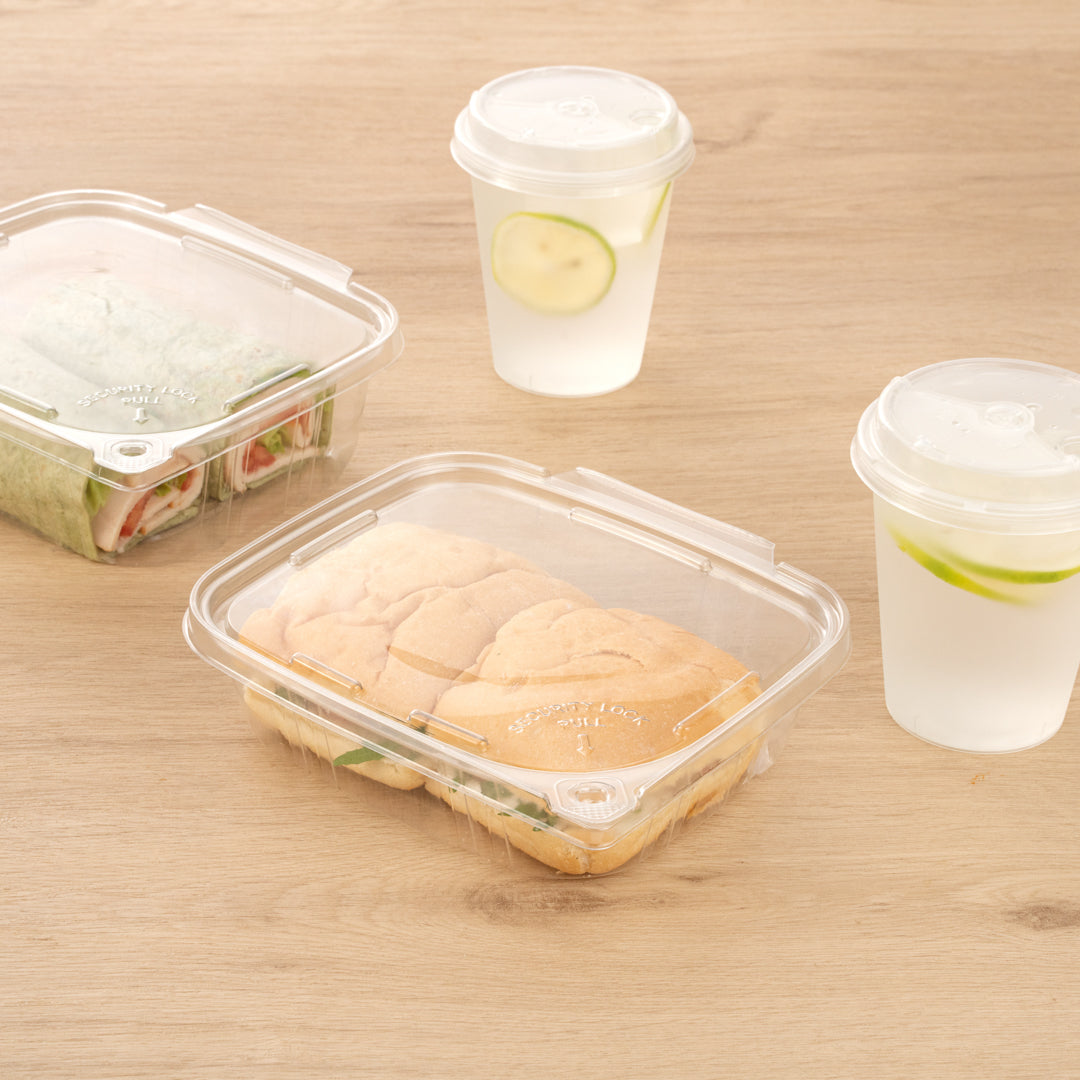 Tamper Tek 24 oz Rectangle Clear Plastic Container - with Hinged Lid, Tamper-Evident - 6 1/2" x 4 1/2" x 2" - 100 count box