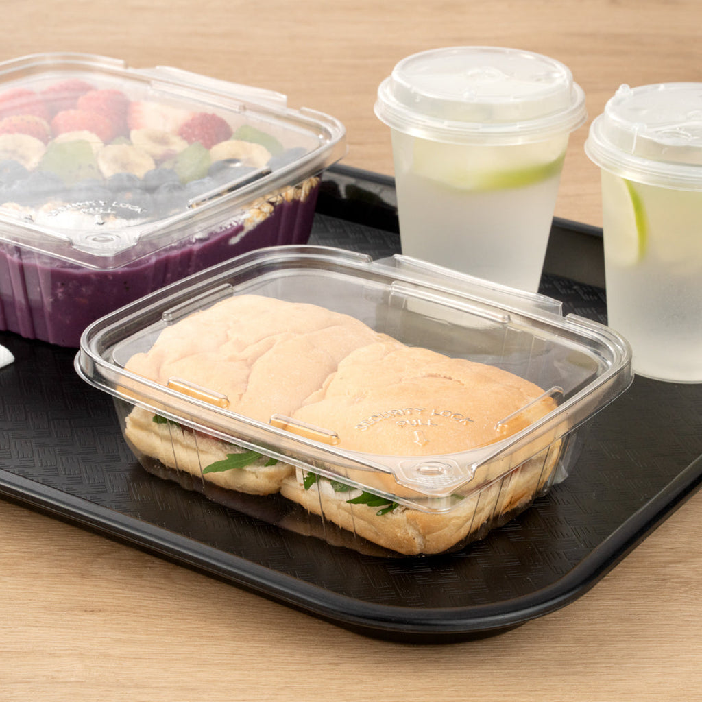 Tamper Tek 24 oz Rectangle Clear Plastic Container - with Hinged Lid, Tamper-Evident - 6 1/2" x 4 1/2" x 2" - 100 count box