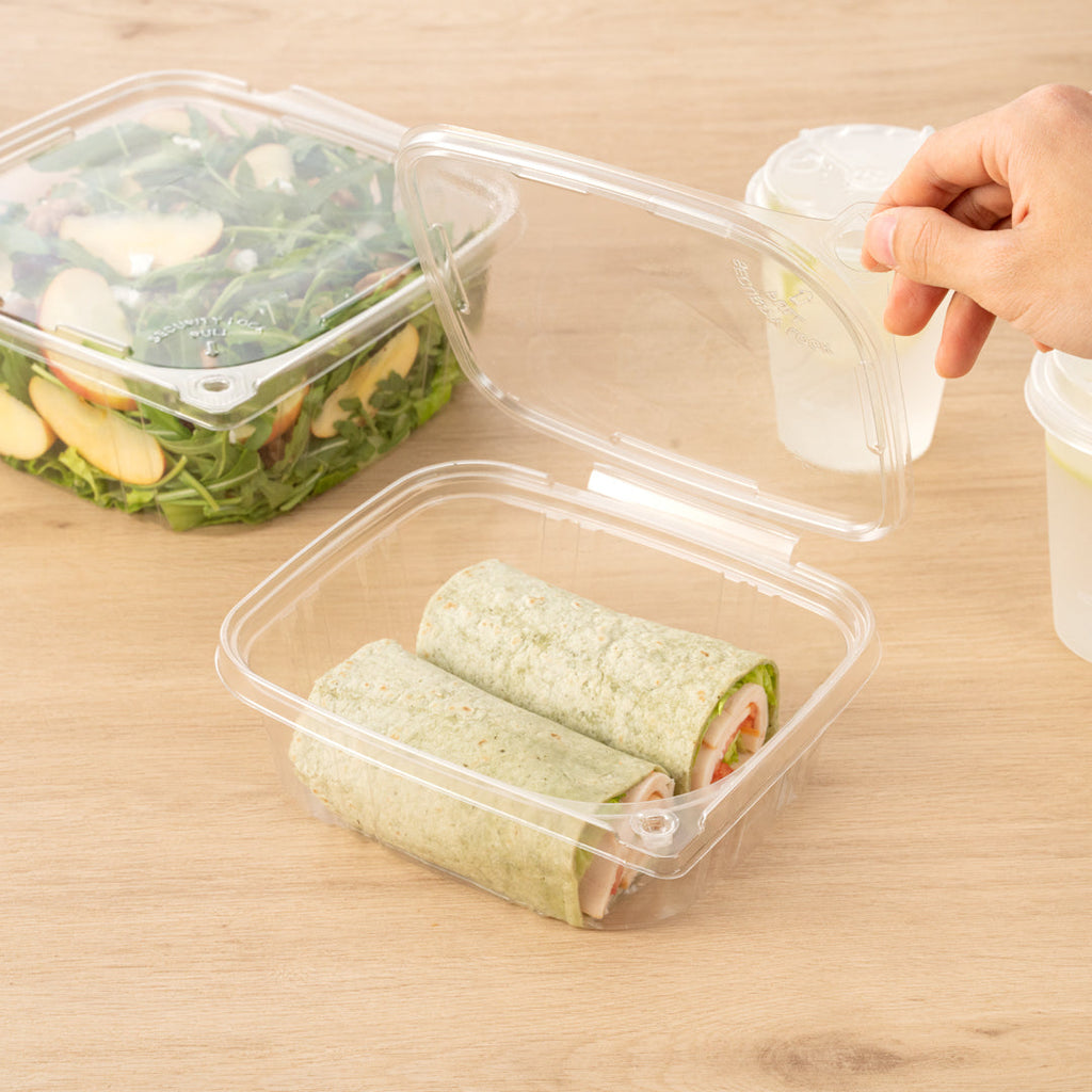 Tamper Tek 32 oz Rectangle Clear Plastic Container - with Hinged Lid, Tamper-Evident - 6 1/2" x 4 1/2" x 2 1/2" - 100 count box