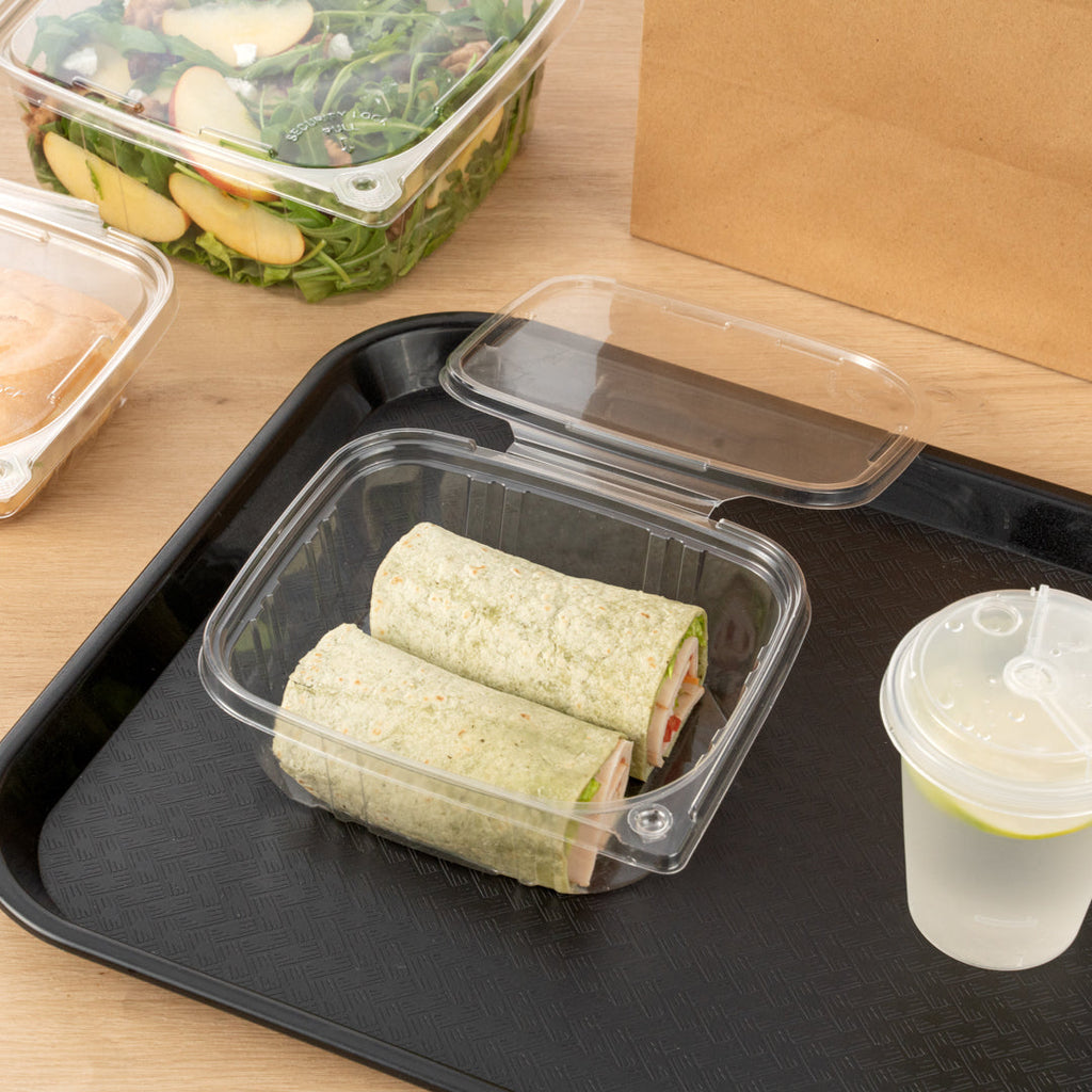 Tamper Tek 32 oz Rectangle Clear Plastic Container - with Hinged Lid, Tamper-Evident - 6 1/2" x 4 1/2" x 2 1/2" - 100 count box
