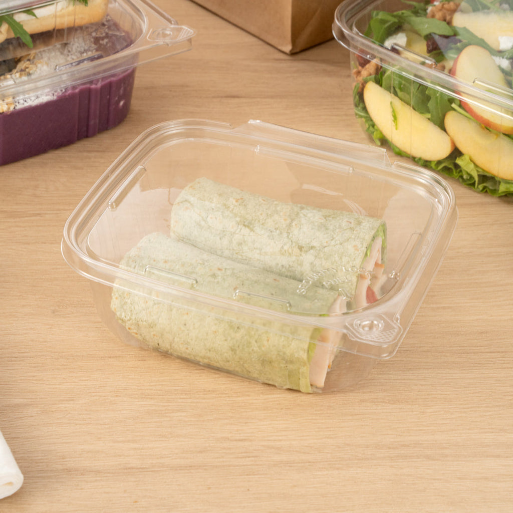 Tamper Tek 32 oz Rectangle Clear Plastic Container - with Hinged Lid, Tamper-Evident - 6 1/2" x 4 1/2" x 2 1/2" - 100 count box