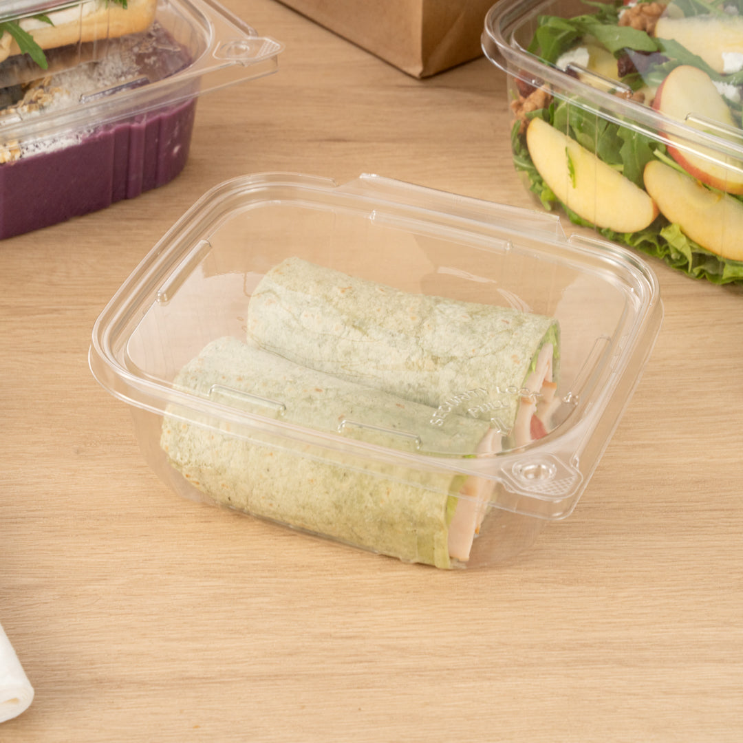 Tamper Tek 32 oz Rectangle Clear Plastic Container - with Hinged Lid, Tamper-Evident - 6 1/2" x 4 1/2" x 2 1/2" - 100 count box