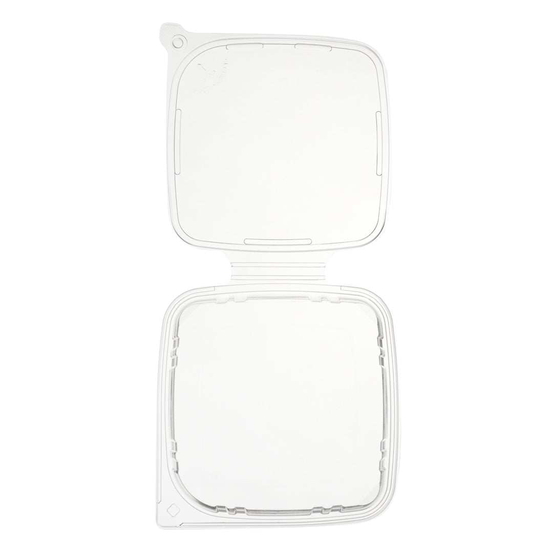 Tamper Tek 48 oz Rectangle Clear Plastic Container - with Hinged Lid, Tamper-Evident - 8 1/4" x 7 1/2" x 2 3/4" - 100 count box