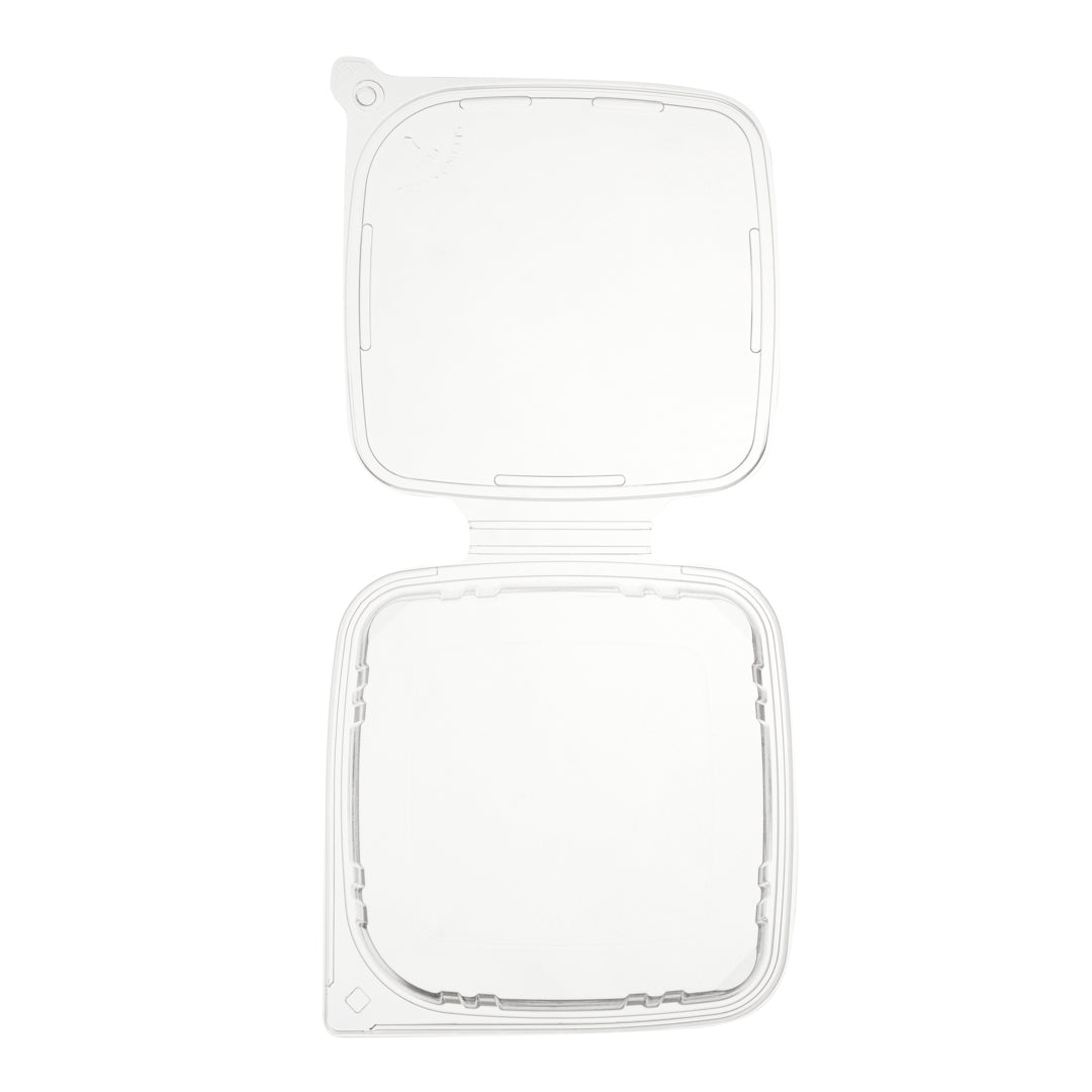 Tamper Tek 64 oz Rectangle Clear Plastic Container - with Hinged Lid, Tamper-Evident - 8 1/4" x 7 1/2" x 3 1/4" - 100 count box