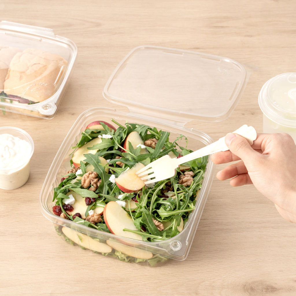 Tamper Tek 64 oz Rectangle Clear Plastic Container - with Hinged Lid, Tamper-Evident - 8 1/4" x 7 1/2" x 3 1/4" - 100 count box