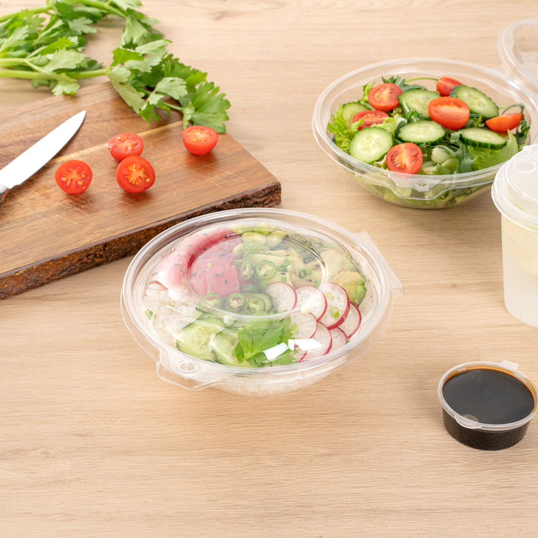 Tamper Tek 24 oz Round Clear Plastic Bowl - with Hinged Lid, Tamper-Evident - 7" x 7" x 2 3/4" - 100 count box