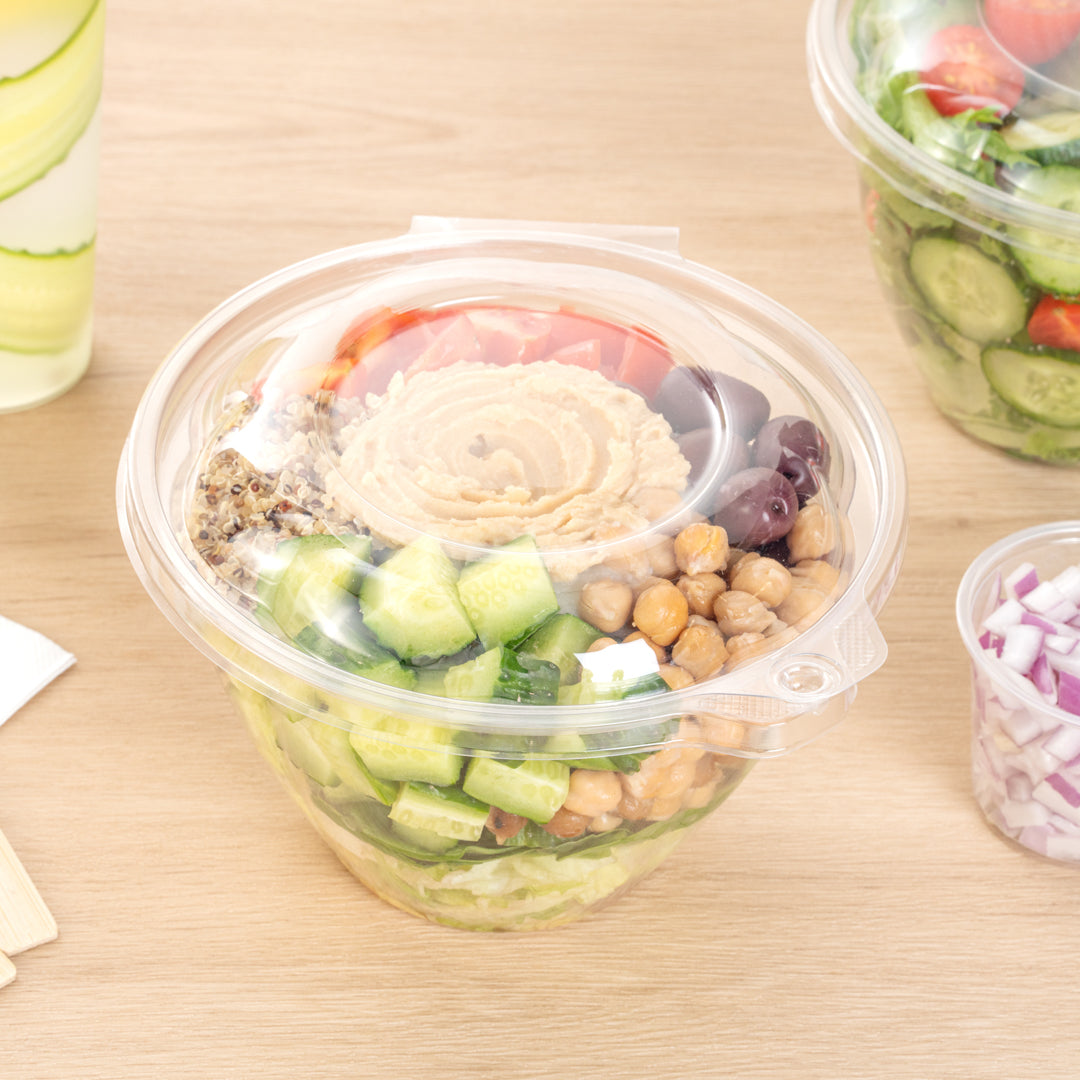 Tamper Tek 48 oz Round Clear Plastic Bowl - with Hinged Lid, Tamper-Evident - 7" x 7" x 4 3/4" - 100 count box