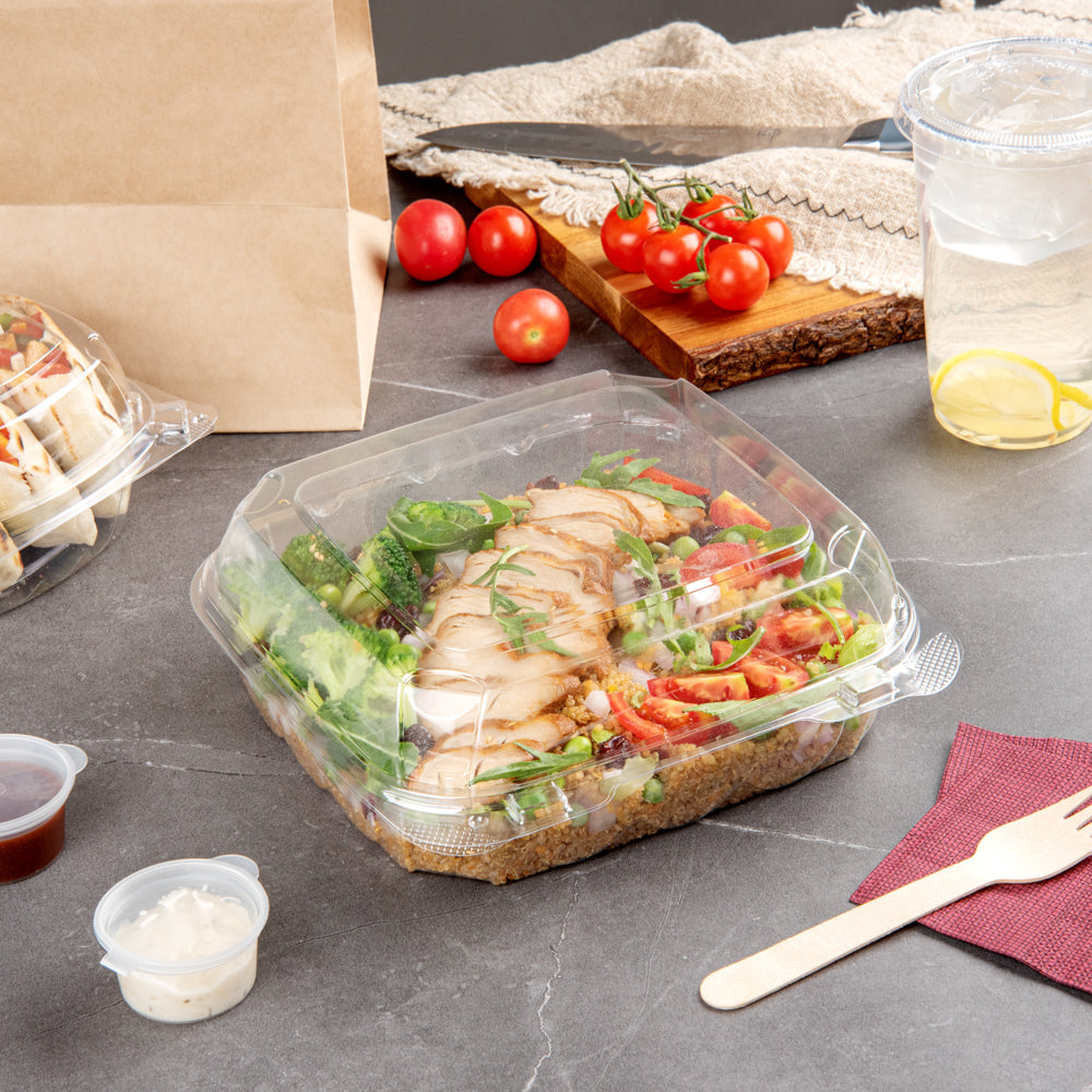 Thermo Tek 39 oz Square Clear Plastic Clamshell Container - Anti-Fog - 7 3/4" x 7 3/4" x 2 1/2" - 100 count box