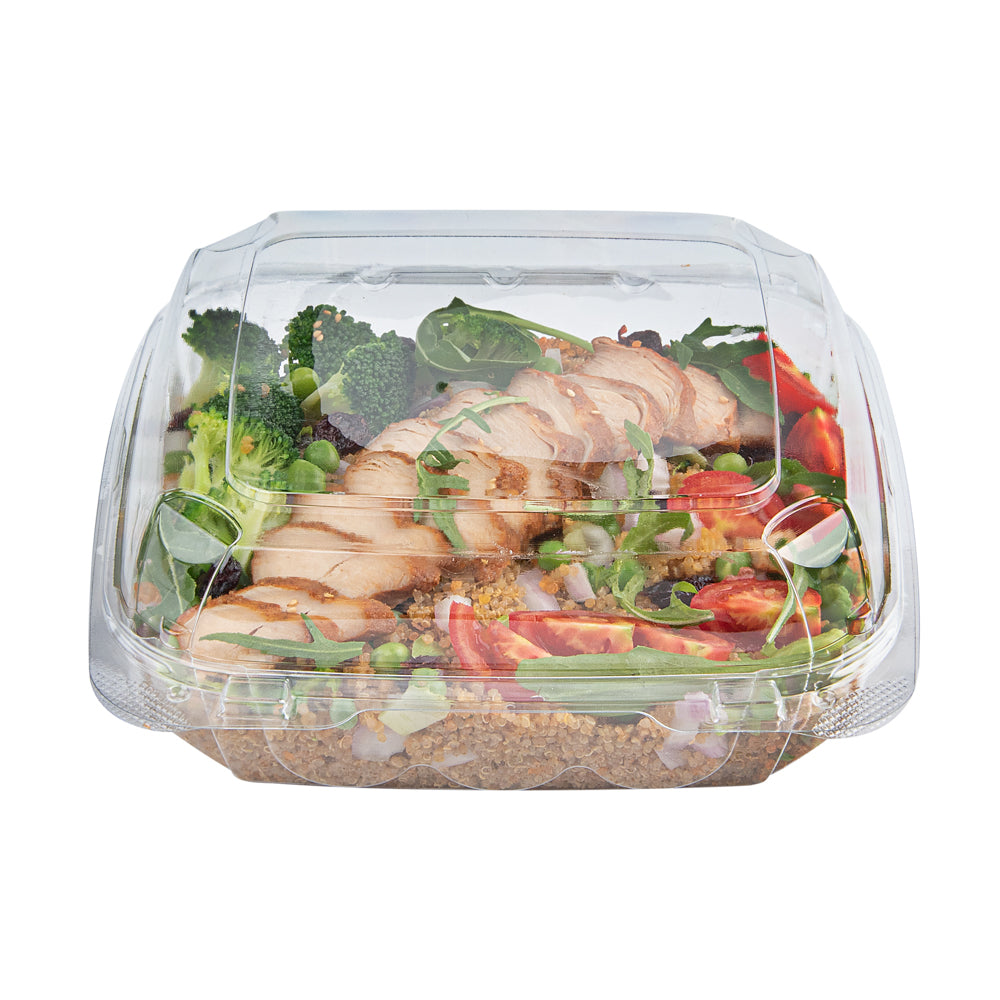 Thermo Tek 39 oz Square Clear Plastic Clamshell Container - Anti-Fog - 7 3/4" x 7 3/4" x 2 1/2" - 100 count box