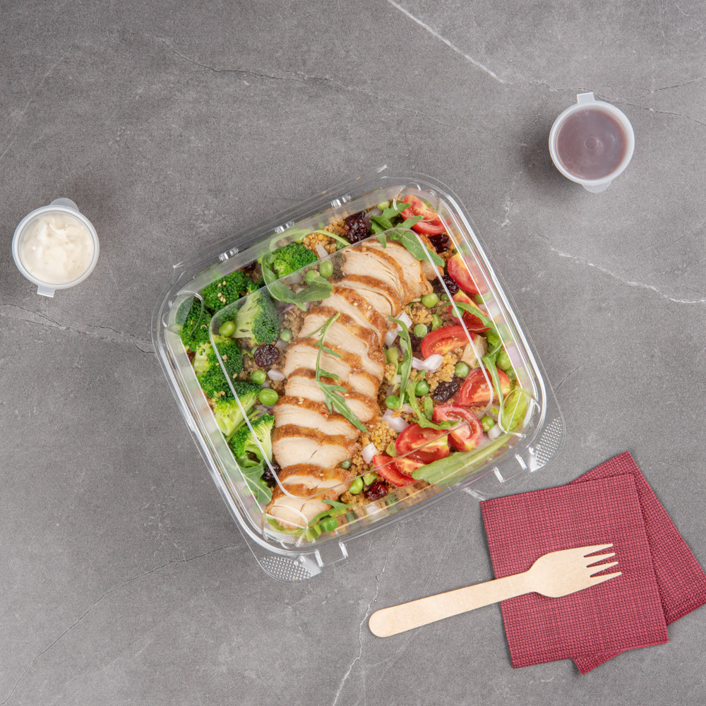 Thermo Tek 39 oz Square Clear Plastic Clamshell Container - Anti-Fog - 7 3/4" x 7 3/4" x 2 1/2" - 100 count box