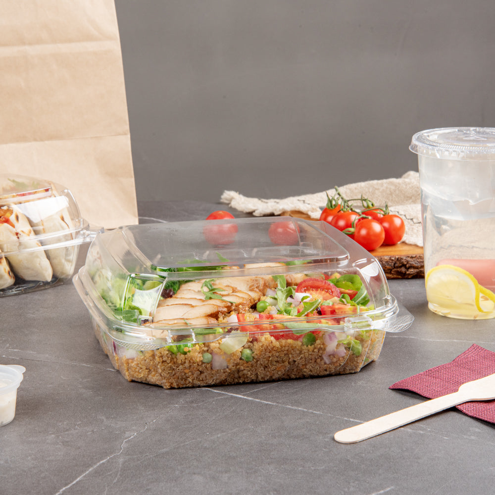 Thermo Tek 39 oz Square Clear Plastic Clamshell Container - Anti-Fog - 7 3/4" x 7 3/4" x 2 1/2" - 100 count box