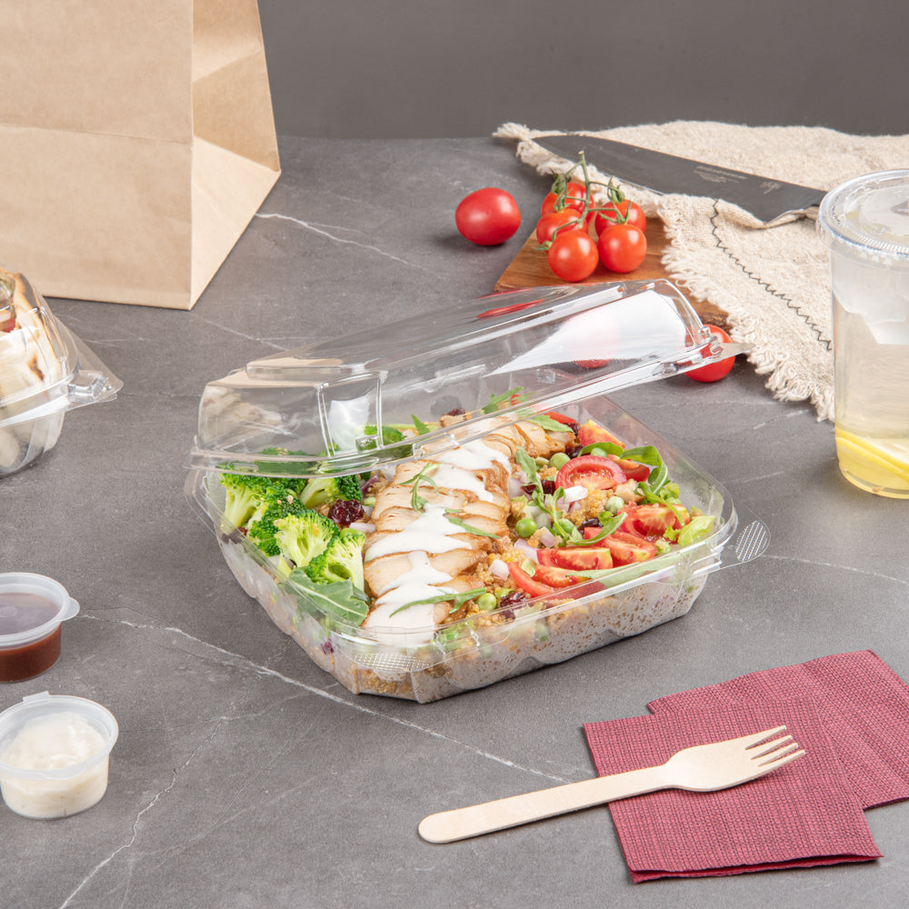 Thermo Tek 39 oz Square Clear Plastic Clamshell Container - Anti-Fog - 7 3/4" x 7 3/4" x 2 1/2" - 100 count box