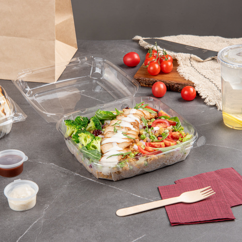 Thermo Tek 39 oz Square Clear Plastic Clamshell Container - Anti-Fog - 7 3/4" x 7 3/4" x 2 1/2" - 100 count box