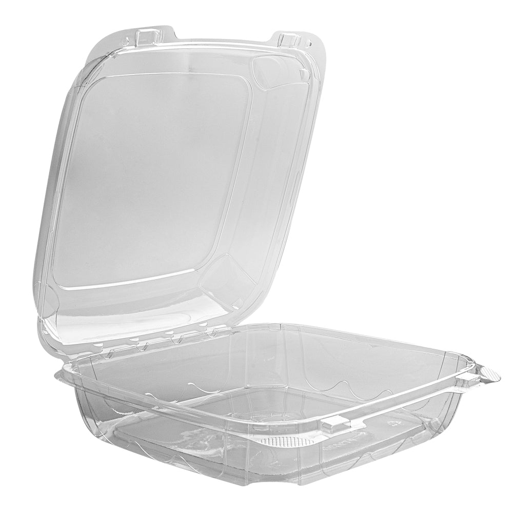 Thermo Tek 46 oz Rectangle Clear Plastic Clamshell Container - Anti-Fog - 9" x 8 1/4" x 2 1/2" - 100 count box