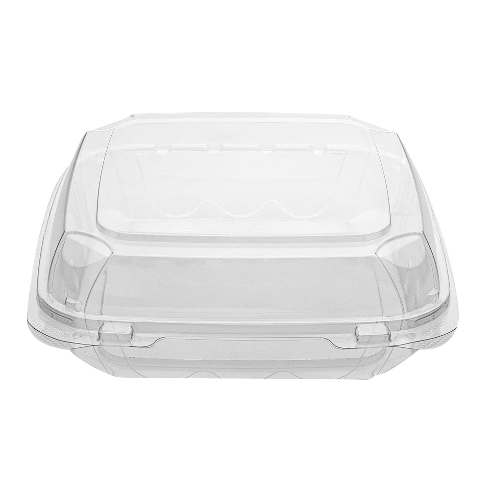 Thermo Tek 46 oz Rectangle Clear Plastic Clamshell Container - Anti-Fog - 9" x 8 1/4" x 2 1/2" - 100 count box