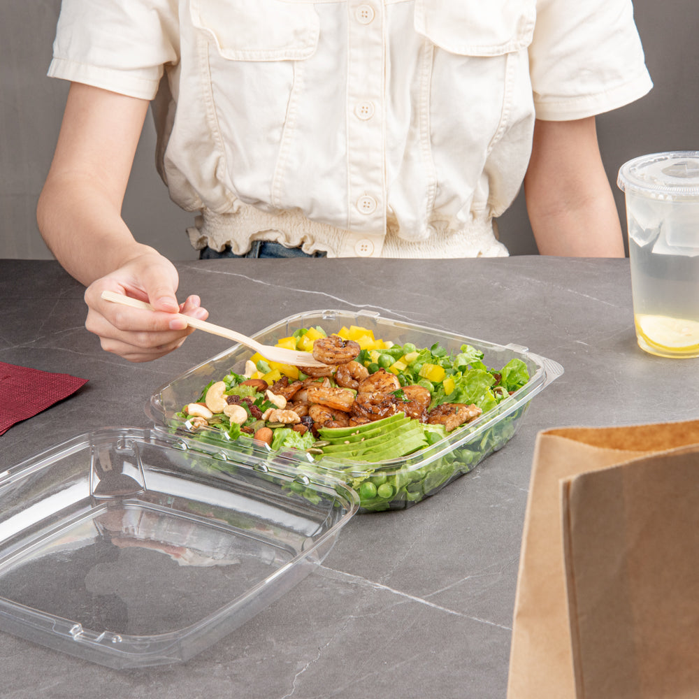 Thermo Tek 46 oz Rectangle Clear Plastic Clamshell Container - Anti-Fog - 9" x 8 1/4" x 2 1/2" - 100 count box