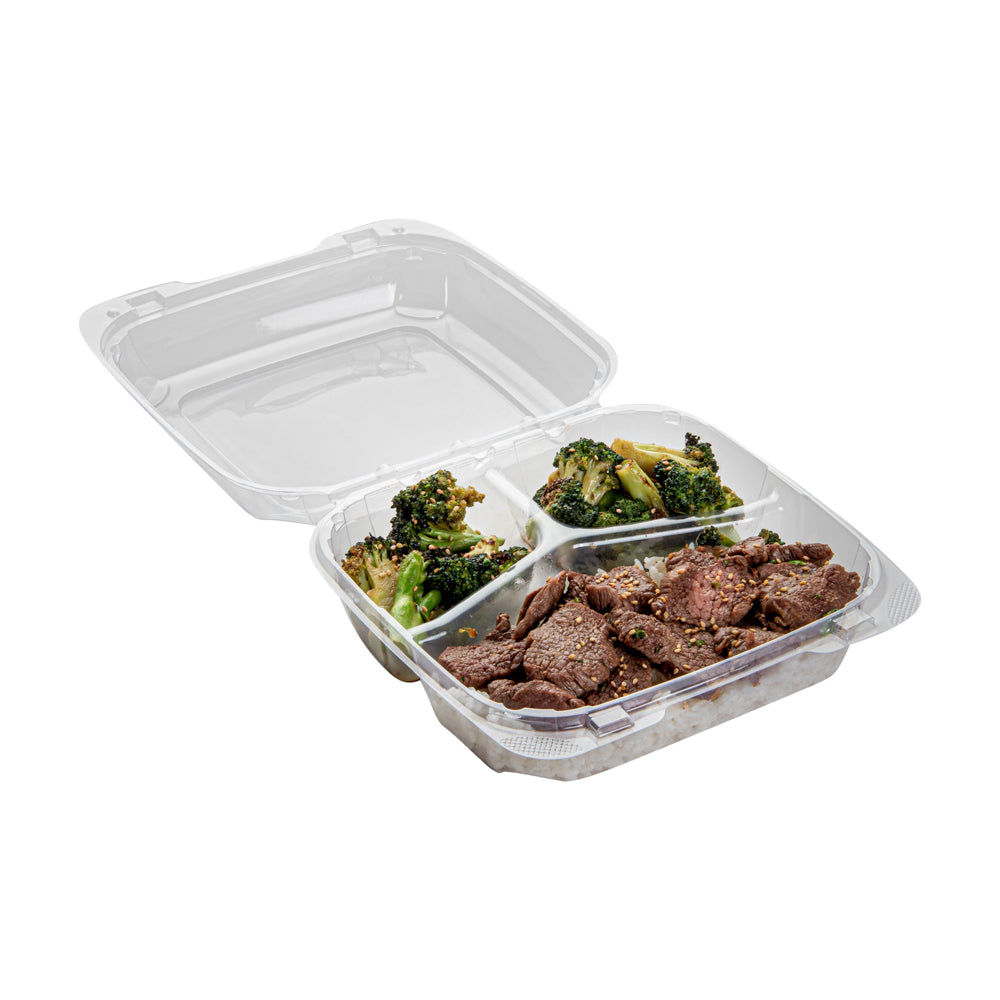 Thermo Tek 34 oz Square Clear Plastic Clamshell Container - 3-Compartment, Anti-Fog - 7 3/4" x 7 3/4" x 2 1/2" - 100 count box