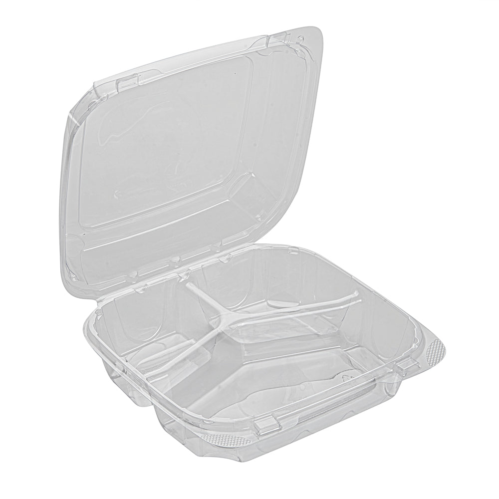 Thermo Tek 34 oz Square Clear Plastic Clamshell Container - 3-Compartment, Anti-Fog - 7 3/4" x 7 3/4" x 2 1/2" - 100 count box