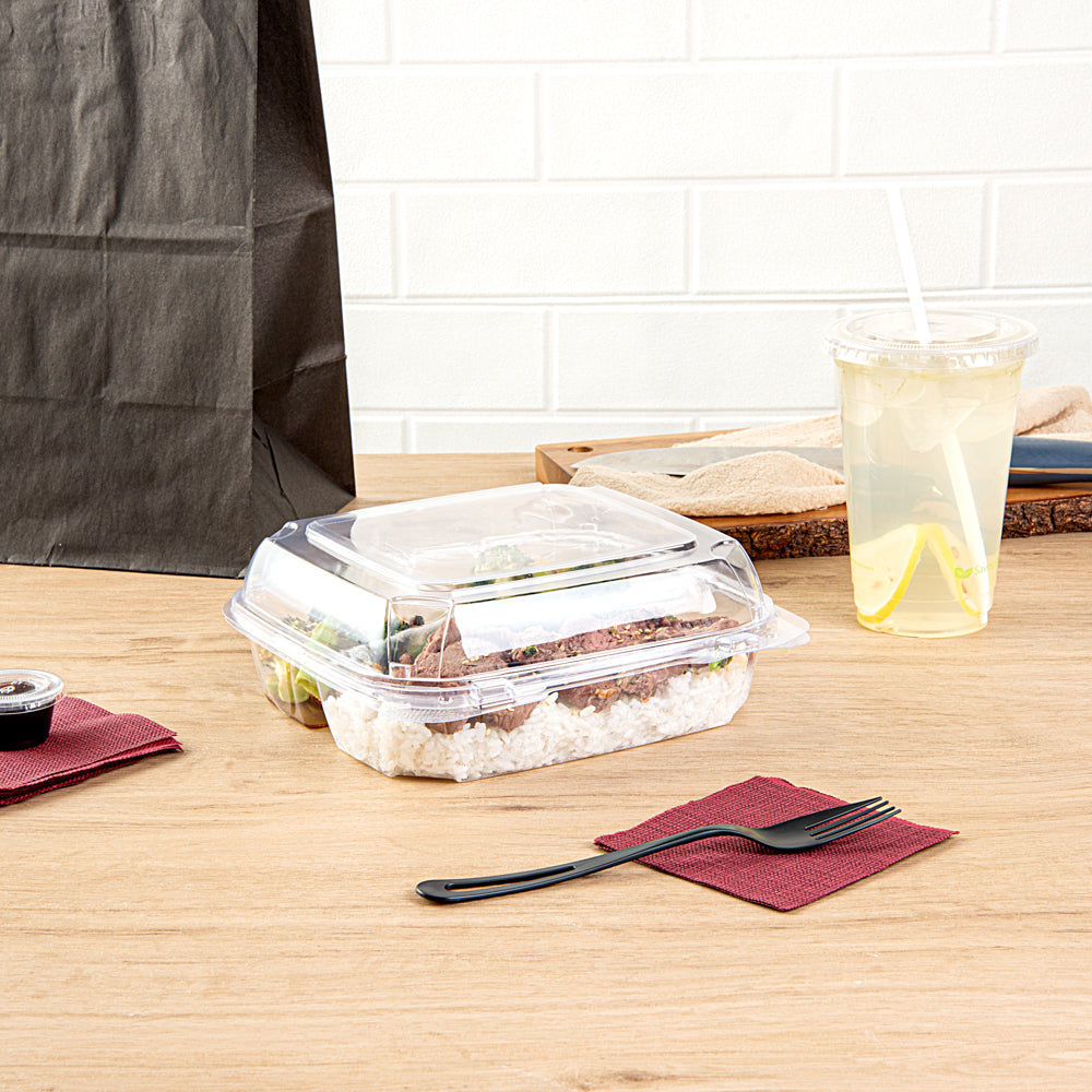 Thermo Tek 34 oz Square Clear Plastic Clamshell Container - 3-Compartment, Anti-Fog - 7 3/4" x 7 3/4" x 2 1/2" - 100 count box