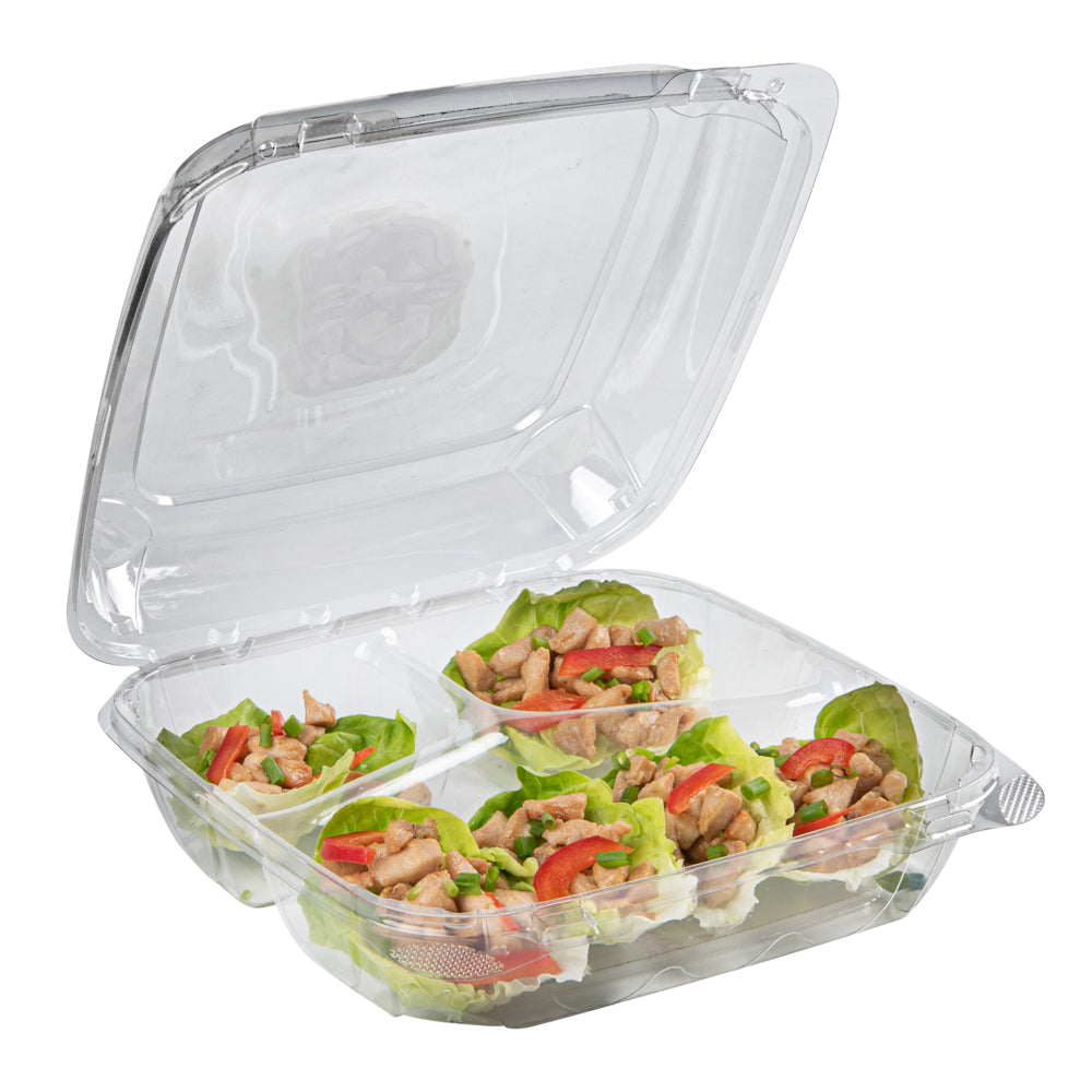 Thermo Tek 41 oz Rectangle Clear Plastic Clamshell Container - 3-Compartment, Anti-Fog - 9" x 8 1/4" x 2 1/2" - 100 count box