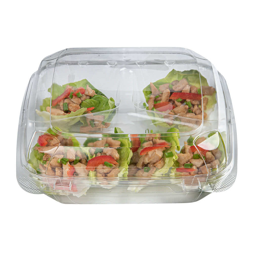 Thermo Tek 41 oz Rectangle Clear Plastic Clamshell Container - 3-Compartment, Anti-Fog - 9" x 8 1/4" x 2 1/2" - 100 count box