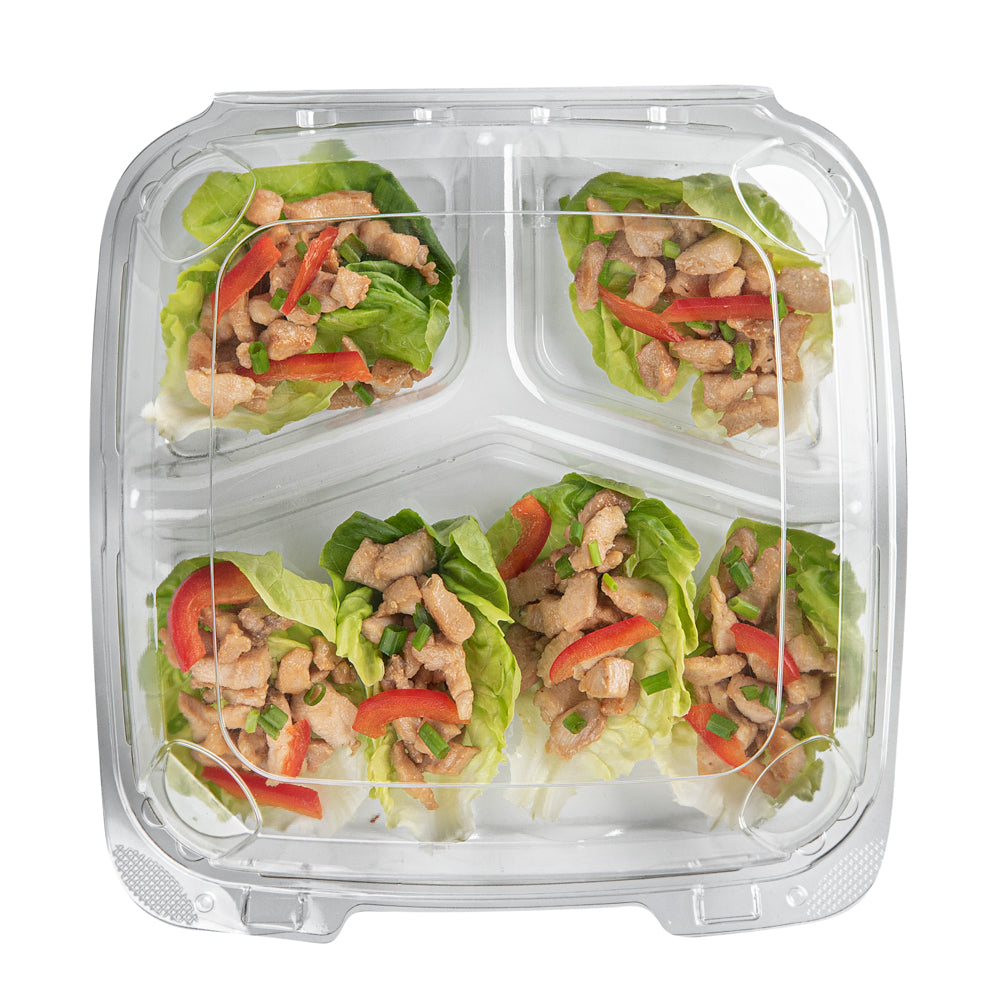 Thermo Tek 41 oz Rectangle Clear Plastic Clamshell Container - 3-Compartment, Anti-Fog - 9" x 8 1/4" x 2 1/2" - 100 count box