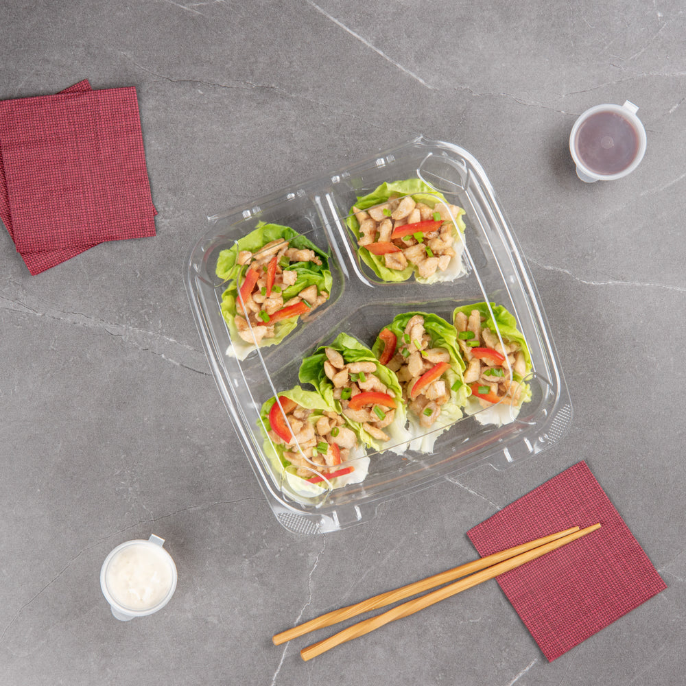 Thermo Tek 41 oz Rectangle Clear Plastic Clamshell Container - 3-Compartment, Anti-Fog - 9" x 8 1/4" x 2 1/2" - 100 count box