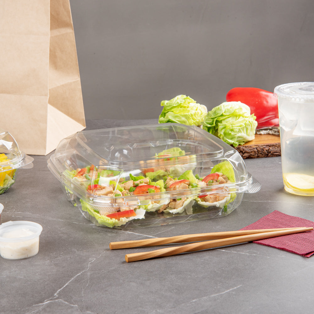 Thermo Tek 41 oz Rectangle Clear Plastic Clamshell Container - 3-Compartment, Anti-Fog - 9" x 8 1/4" x 2 1/2" - 100 count box