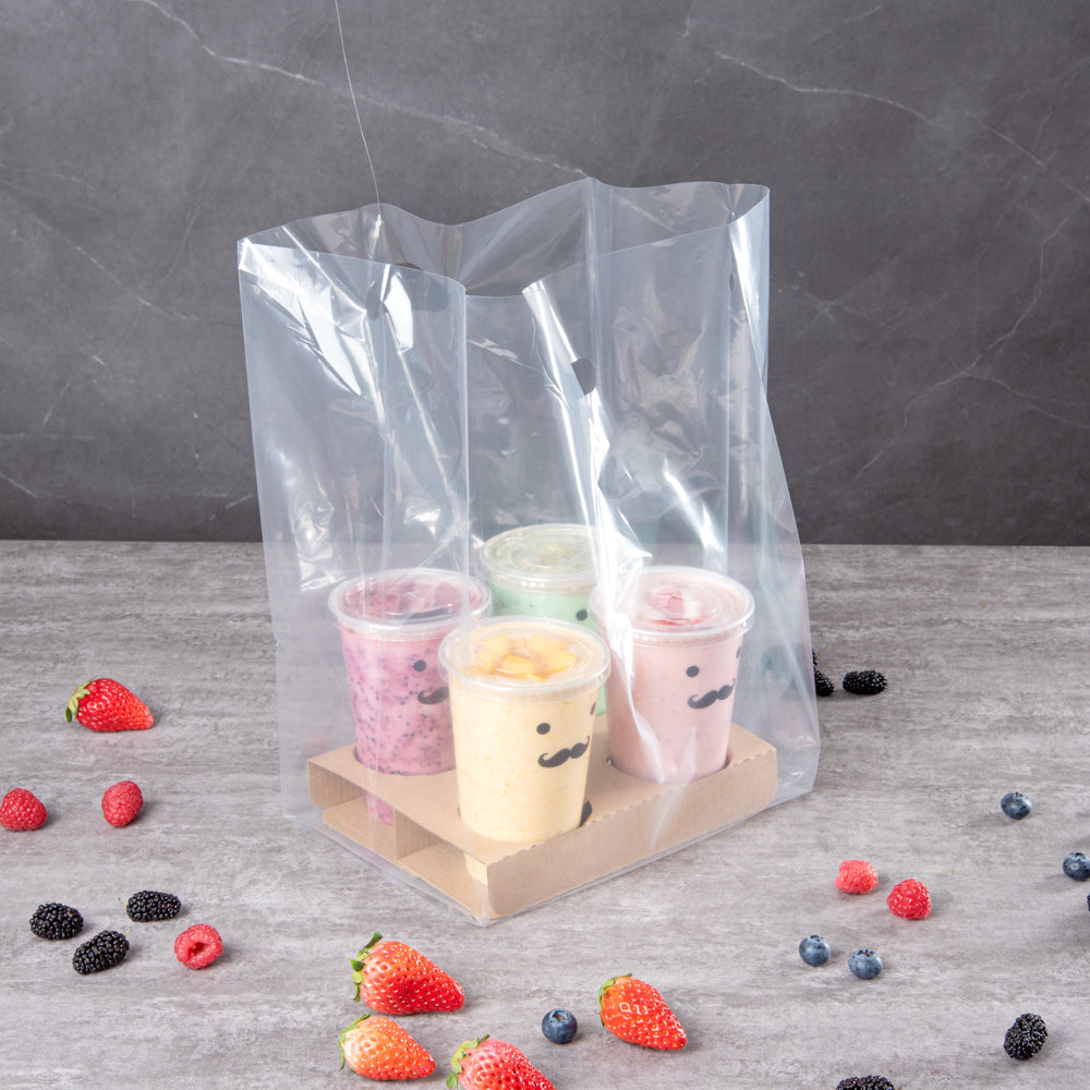 Bag Tek Clear Plastic Take Out Bag - Fits 4-Cup Drink Carrier - 17 3/4" x 9 3/4" x 7" - 100 count box