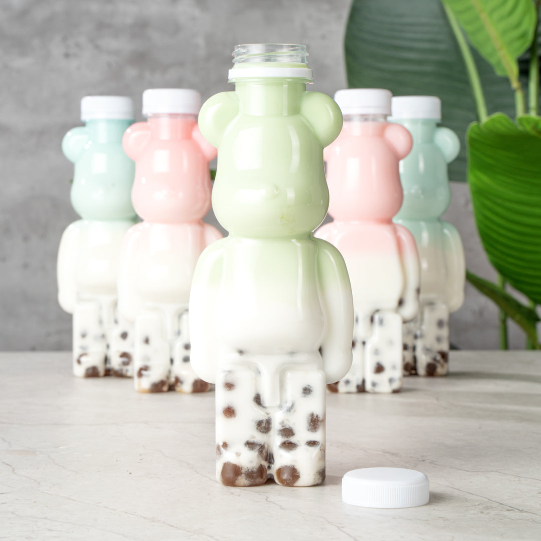 Bottle Tek 12 oz Bear-Shaped Clear Plastic Juice Bottle - with Safety Cap - 3 1/4" x 2 3/4" x 8 1/4" - 100 count box
