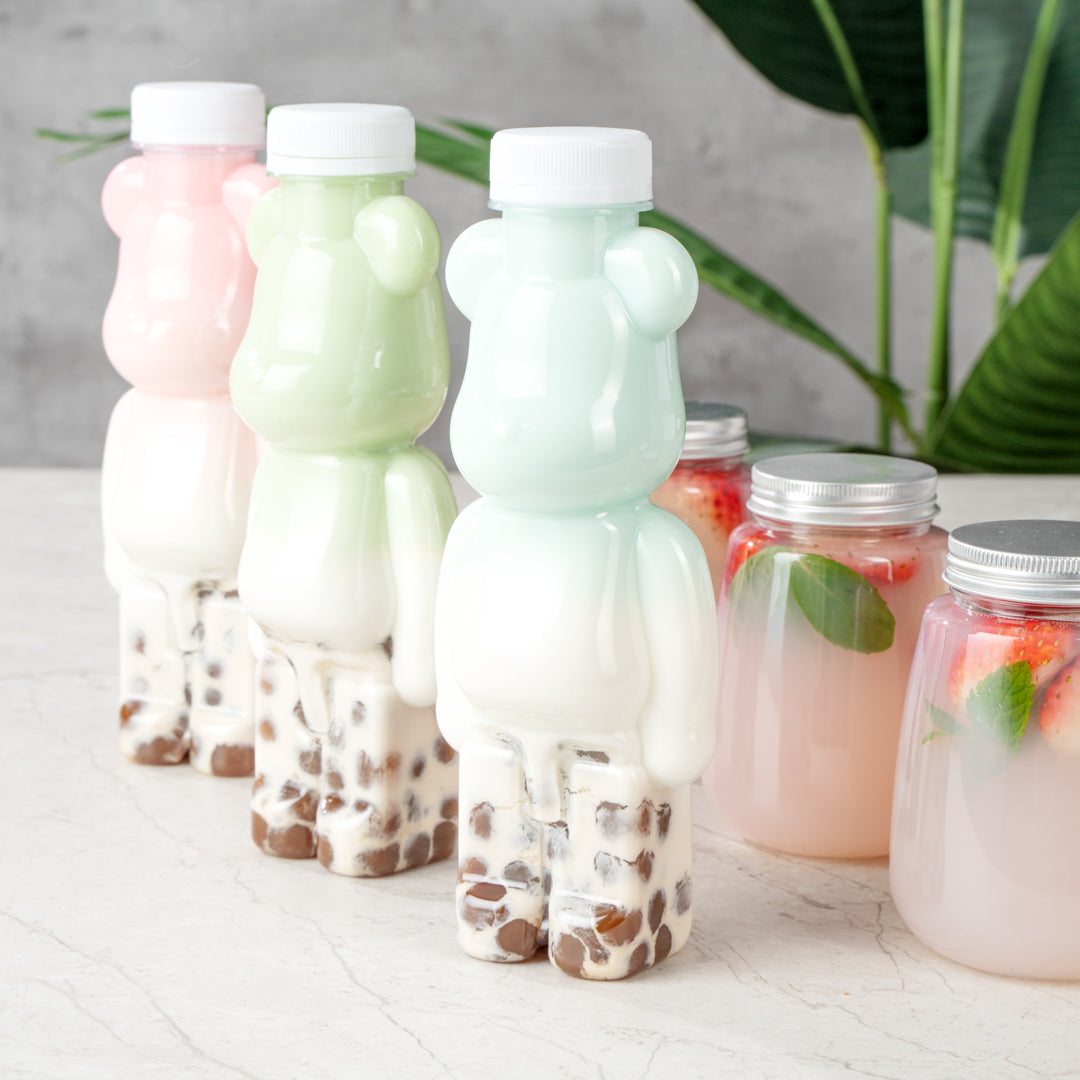 Bottle Tek 12 oz Bear-Shaped Clear Plastic Juice Bottle - with Safety Cap - 3 1/4" x 2 3/4" x 8 1/4" - 100 count box