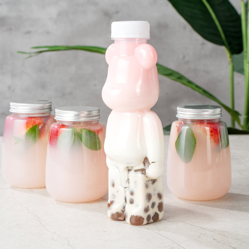 Bottle Tek 12 oz Bear-Shaped Clear Plastic Juice Bottle - with Safety Cap - 3 1/4" x 2 3/4" x 8 1/4" - 100 count box