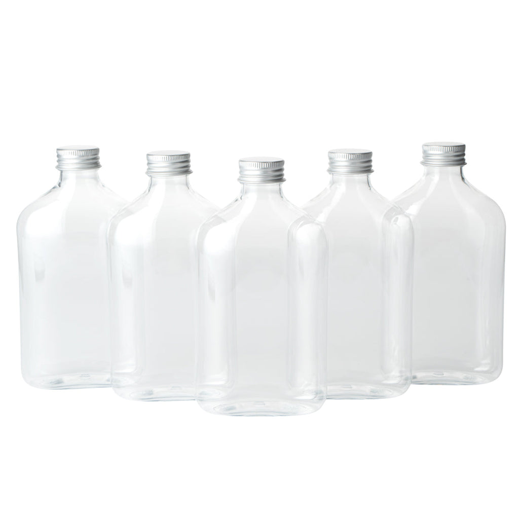 Bottle Tek 10 oz Clear Plastic Flask Container - with Aluminum Lid - 3 1/4" x 1 3/4" x 6 1/4" - 100 count box