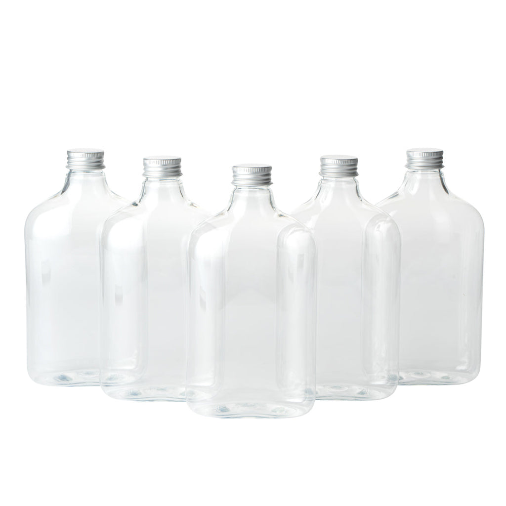 Bottle Tek 17 oz Clear Plastic Flask Container - with Aluminum Lid - 3 3/4" x 2" x 7" - 100 count box