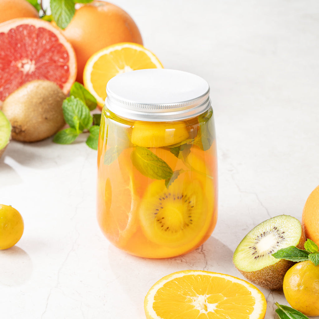 Bottle Tek 17 oz Clear Plastic Candy Jar / Juice Bottle - with Aluminum Lid - 3 1/4" x 3 1/4" x 4 1/2" - 100 count box