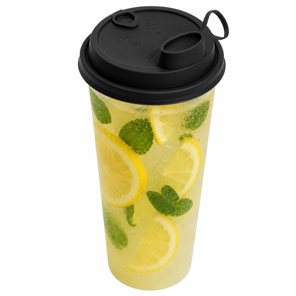 Bev Tek Black Plastic 2-in-1 Straw or Sippy Cup Lid - with Two Plugs, Fits 12, 16 and 24 oz - 500 count box