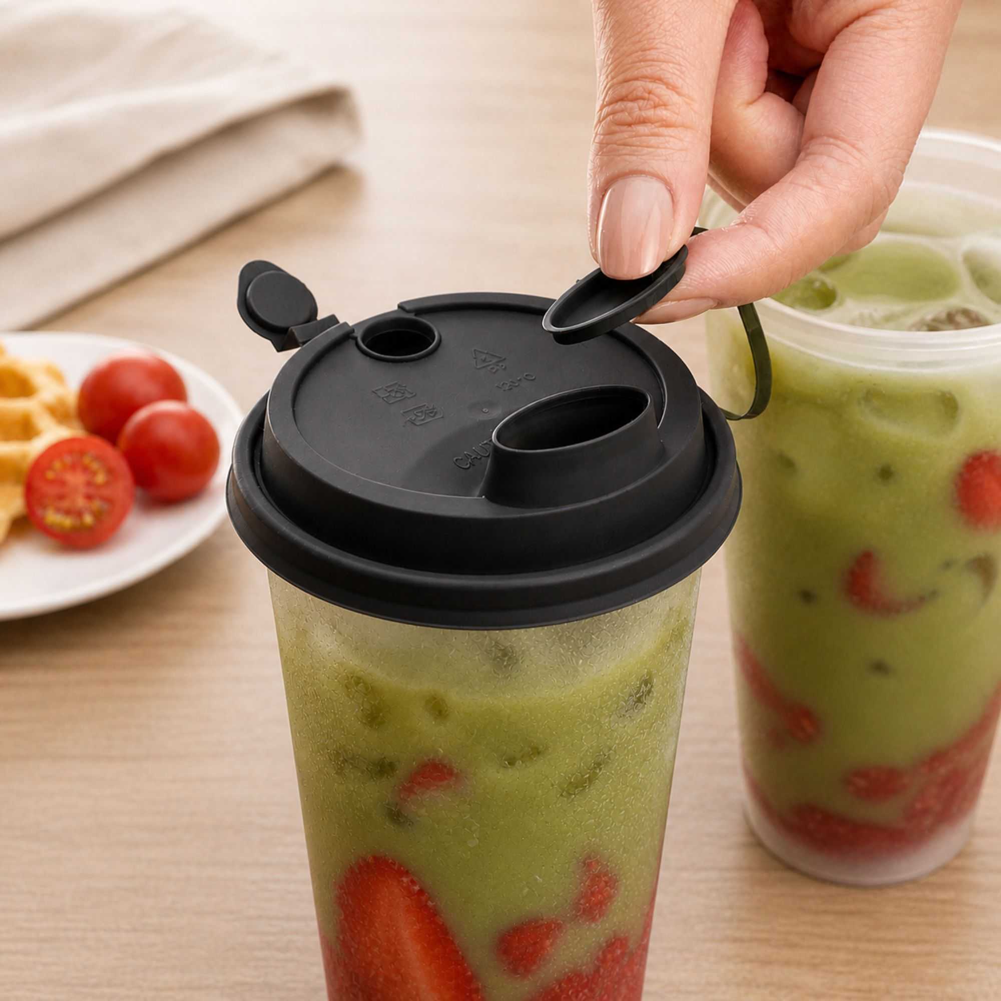 Bev Tek Black Plastic 2-in-1 Straw or Sippy Cup Lid - with Two Plugs, Fits 12, 16 and 24 oz - 25 count box