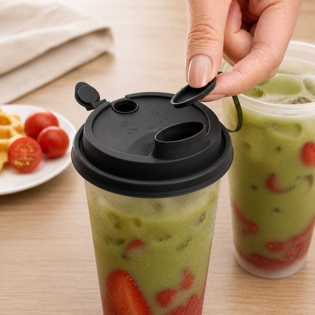 Bev Tek Black Plastic 2-in-1 Straw or Sippy Cup Lid - with Two Plugs, Fits 12, 16 and 24 oz - 500 count box