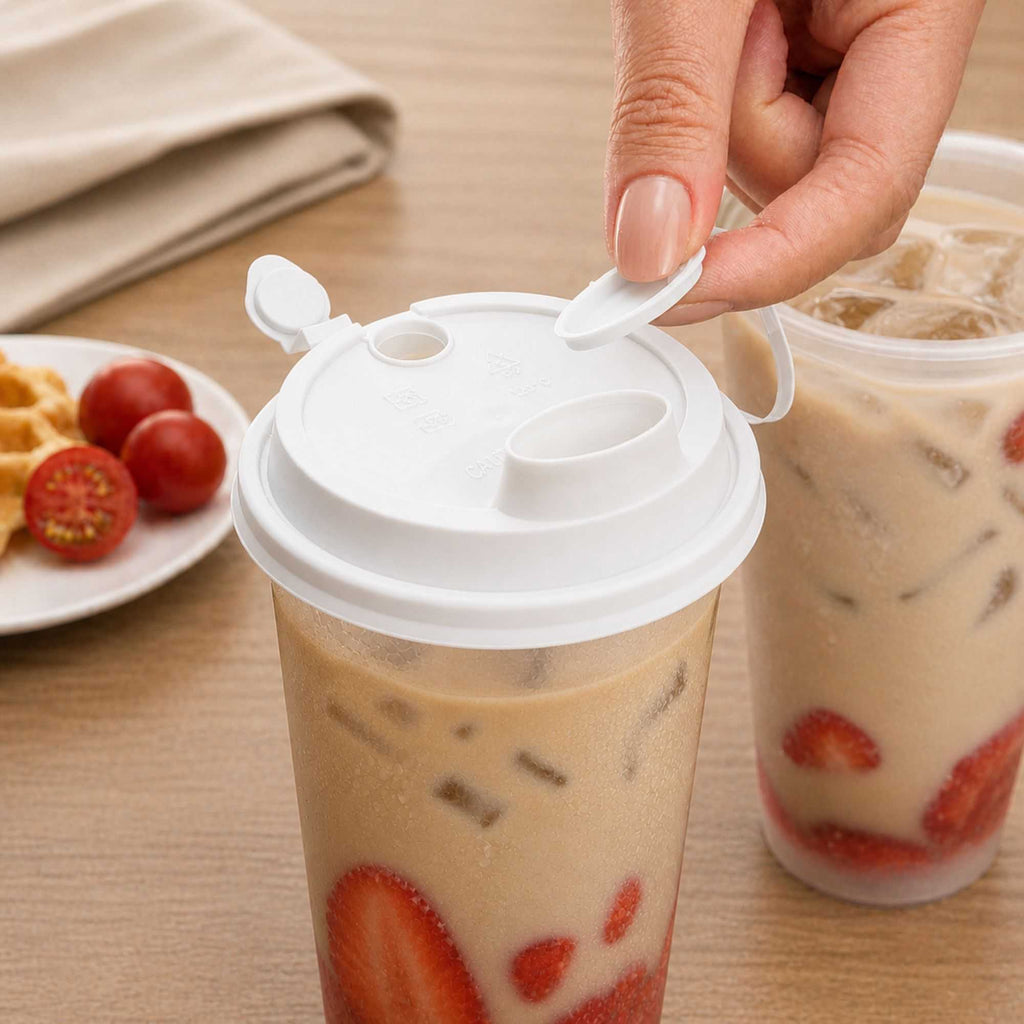 Bev Tek White Plastic 2-in-1 Straw or Sippy Cup Lid - with Two Plugs, Fits 12, 16 and 24 oz - 500 count box