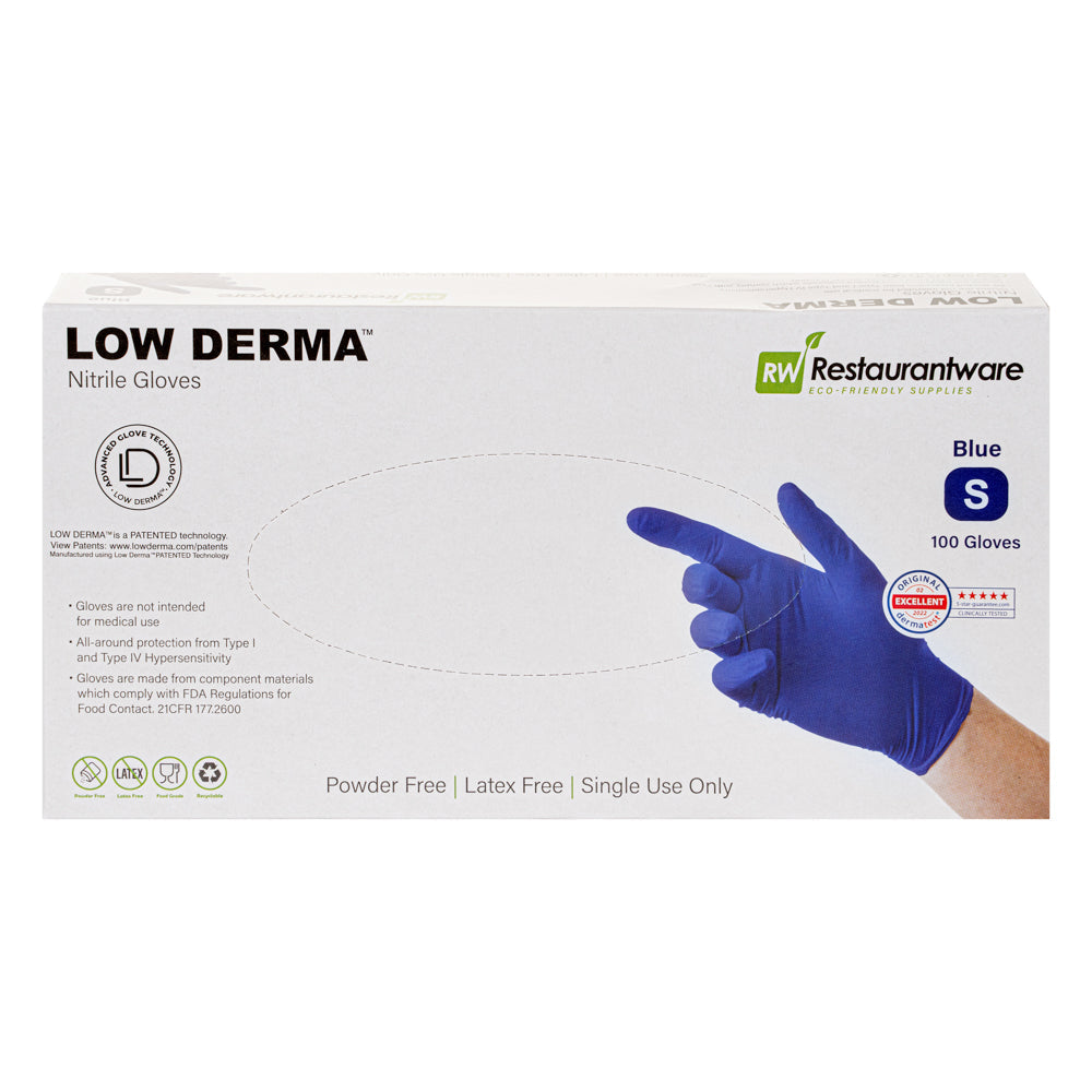 Low Derma Blue Small Nitrile Gloves - Hypoallergenic, Non-Sterile, Powder-Free - 100 count box