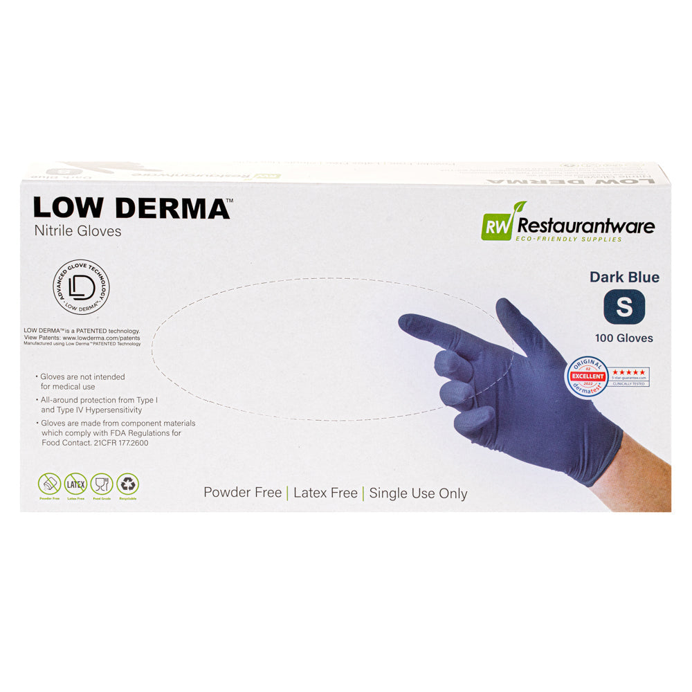 Low Derma Dark Blue Small Nitrile Gloves - Hypoallergenic, Non-Sterile, Powder-Free - 100 count box