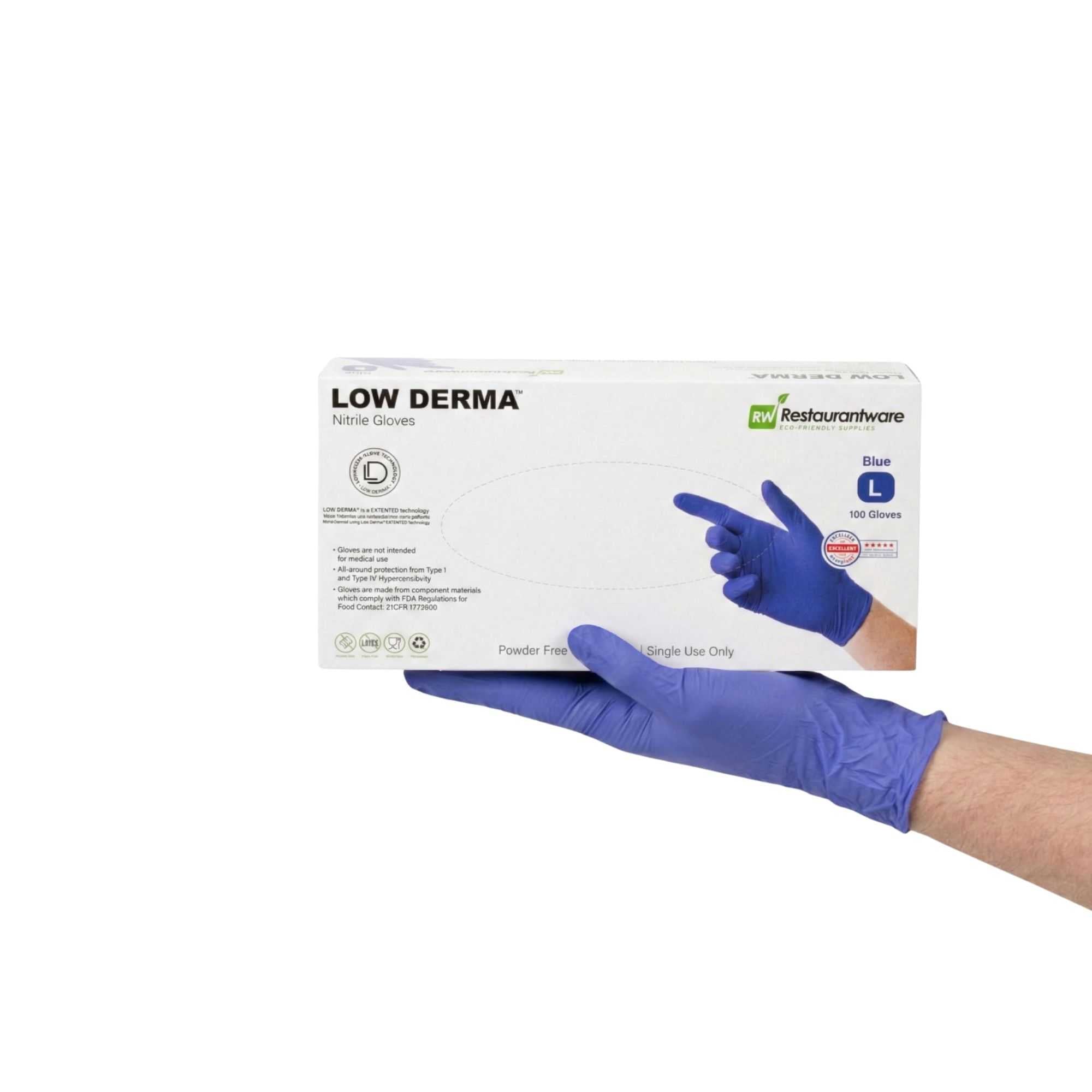 Low Derma Blue Large Nitrile Gloves - Hypoallergenic, Non-Sterile, Powder-Free - 1000 count box