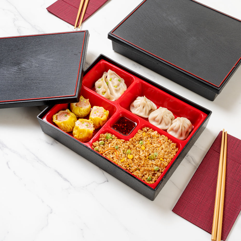 Bento Tek Rectangle Black and Red Small Japanese Style Bento Box - 5 Compartments - 10 3/4" x 8 1/4" x 2 1/4" - 1 count box